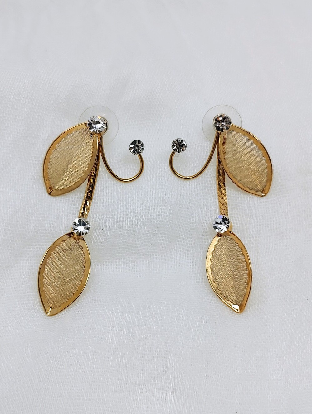 Gold Leaf Drop Earrings with Crystal Accents